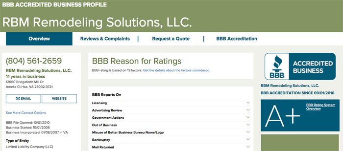 RBM Remodeling Solutions has an A+ Rating on the BBB website