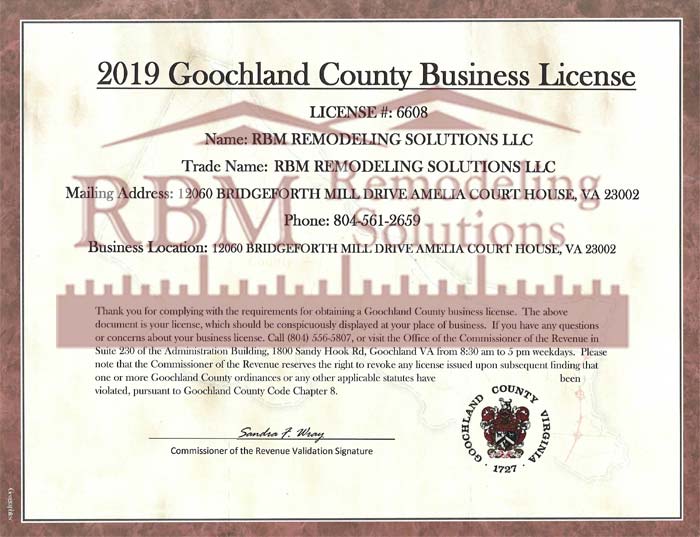 Certifications RBM Remodeling Solutions, LLC