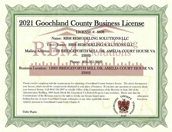 Certifications RBM Remodeling Solutions, LLC