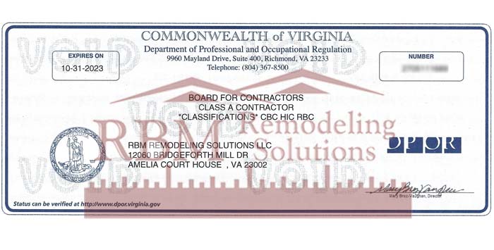 Class A Contractor Commonwealth of VA - RBM Remodeling Solutions, LLC - Richmond, VA
