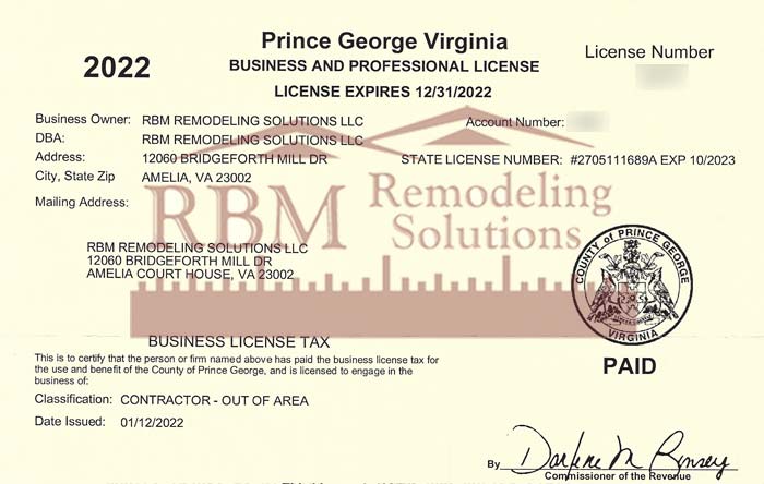 RBM Remodeling Solutions, LLC - Prince George County VA Business License 2022