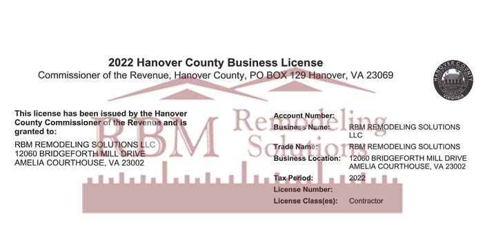 RBM Remodeling Solutions, LLC - Hanover VA Business License 2022