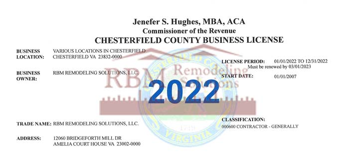 RBM Remodeling Solutions, LLC - Chesterfield VA Business License 2022
