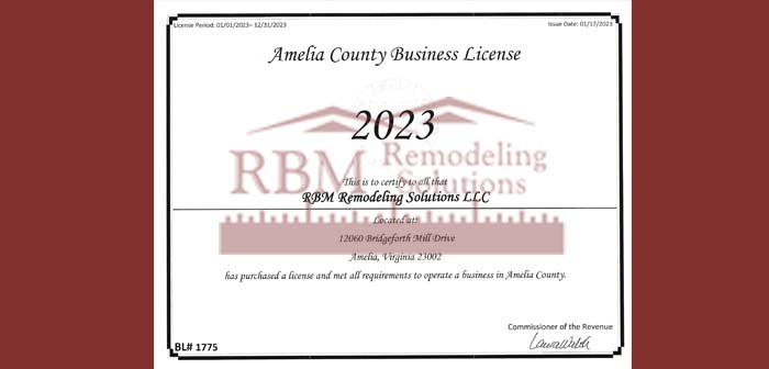 RBM Remodeling Solutions, LLC - Amelia County VA Business License 2023
