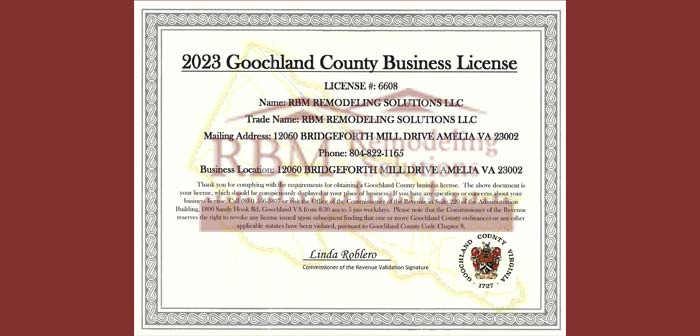 RBM Remodeling Solutions, LLC - Goochland County VA Business License 2023