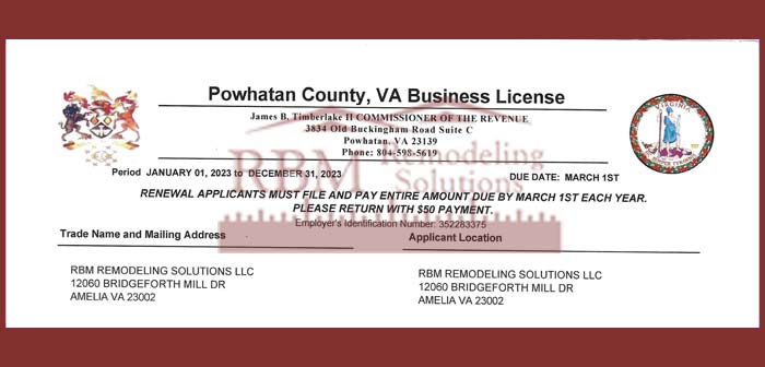 RBM Remodeling Solutions, LLC - Powhatan County VA Business License 2023