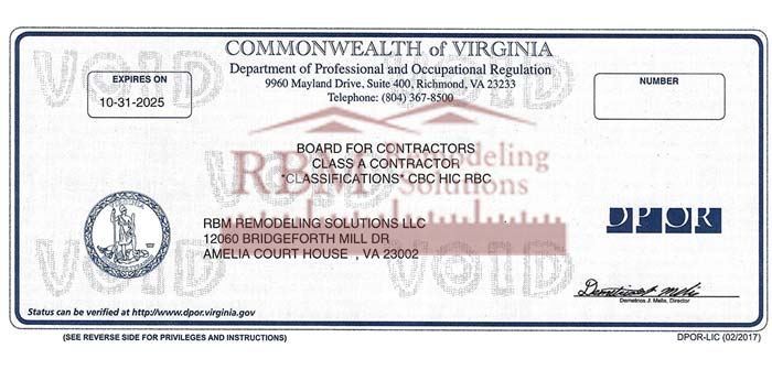 Class A Contractor Commonwealth of VA - RBM Remodeling Solutions, LLC - Richmond, VA 2023