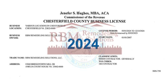 RBM Remodeling Solutions, LLC - Chesterfield VA Business License 2024