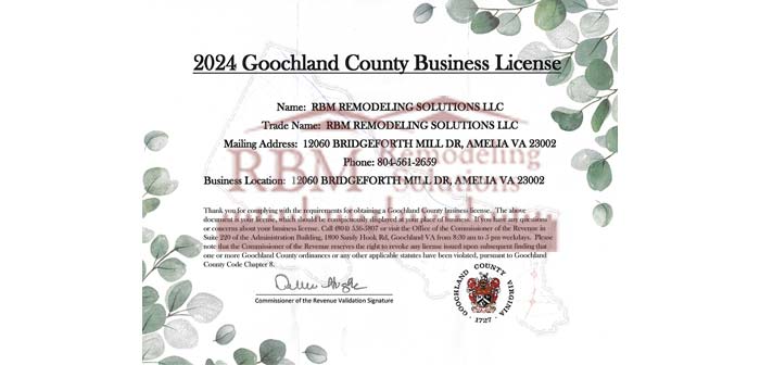 RBM Remodeling Solutions, LLC - Goochland County VA Business License 2024
