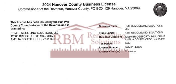 RBM Remodeling Solutions, LLC - Hanover VA Business License 2024