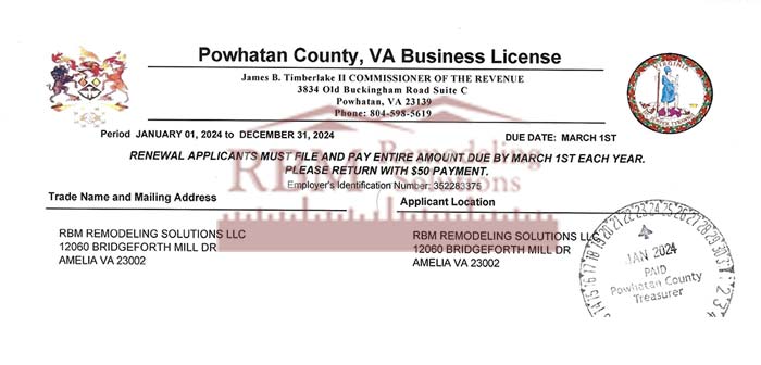 RBM Remodeling Solutions, LLC - Powhatan County VA Business License 2024