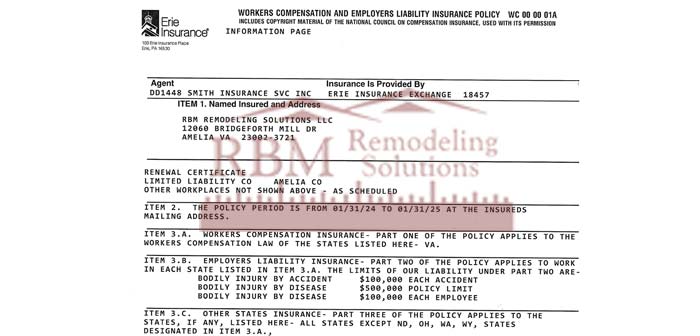 RBM Remodeling Solutions, LLC - Richmond, VA - Workers Comp 2024