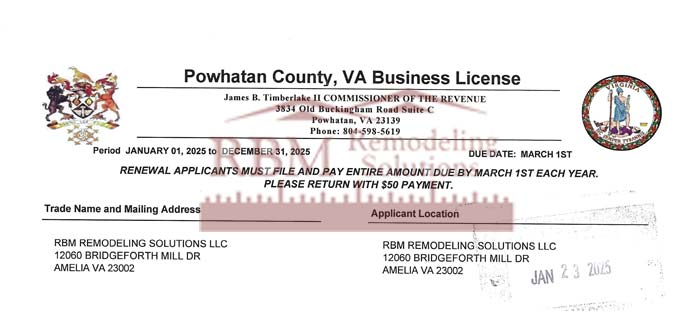 RBM Remodeling Solutions LLC Powhatan County VA Business License 2025