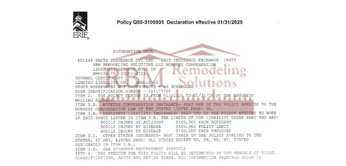 RBM Remodeling Solutions, LLC - Richmond, VA - Workers Comp 2025