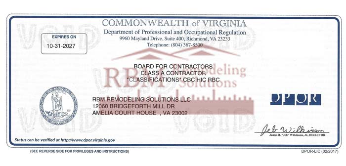 Class A Contractor Commonwealth of VA - RBM Remodeling Solutions, LLC - Richmond, VA 2027