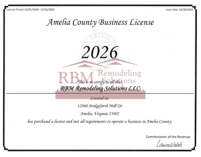 RBM Remodeling-Solutions LLC Amelia-County Business License 2026
