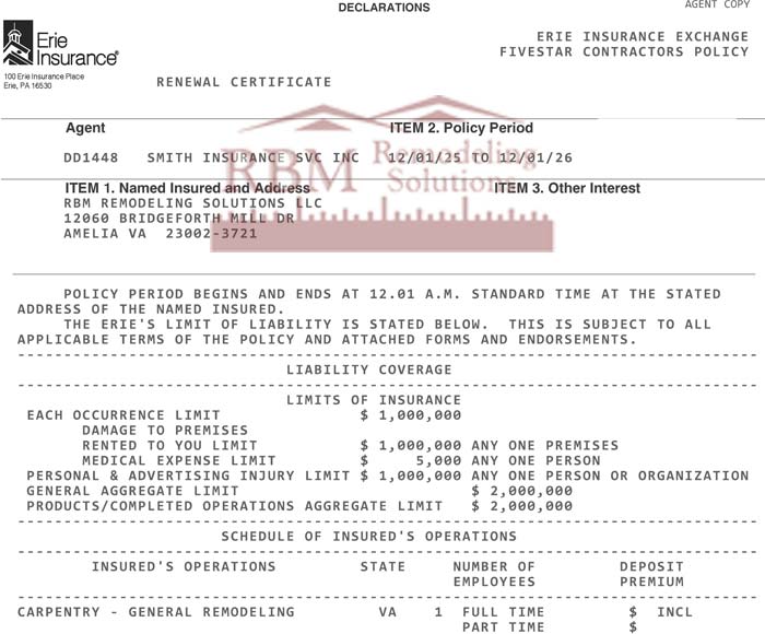 RBM Remodeling Solutions LLC Employers Liability Insurance 2026