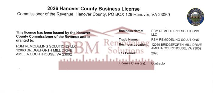 RBM Remodeling Solutions LLC Hanover VA Business License 2026
