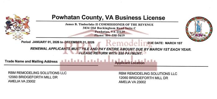 RBM Remodeling Solutions LLC Powhatan VA Business License 2026