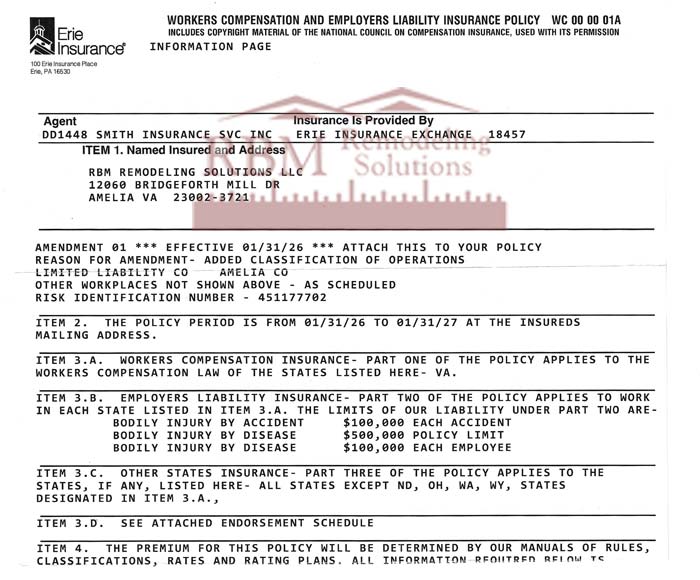 RBM Remodeling Solutions LLC WORKERS COMPENSATION AND EMPLOYERS LIABILITY INSURANCE POLICY 2026