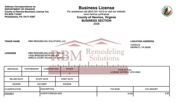 RBM Remodeling Solutions LLC Henrico VA Business License 2026