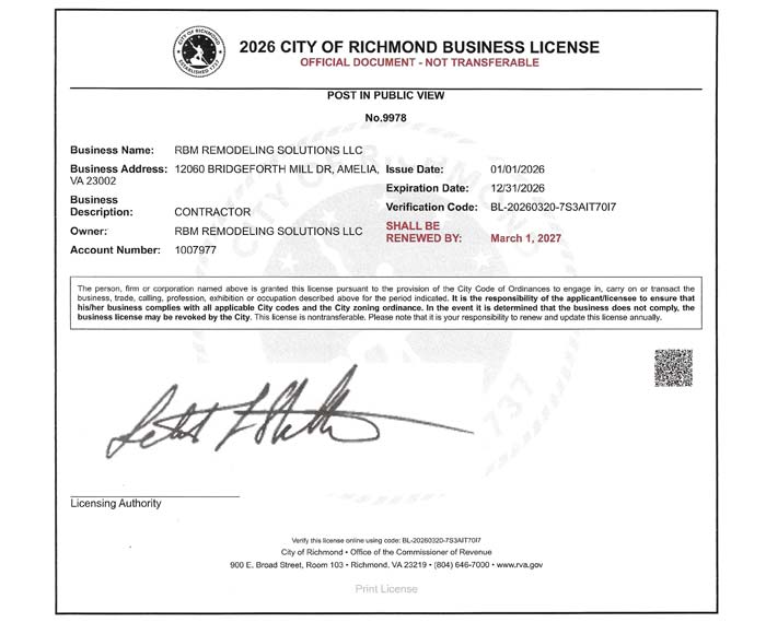 RBM Remodeling Solutions LLC Richmond VA Business License 2026
